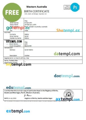FREE editable template, Australia Western Australia birth certificate template in Word format, version 2