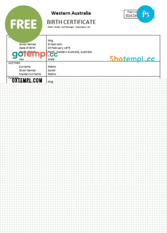 FREE editable template, Australia Western Australia birth certificate template in Word format, version 2