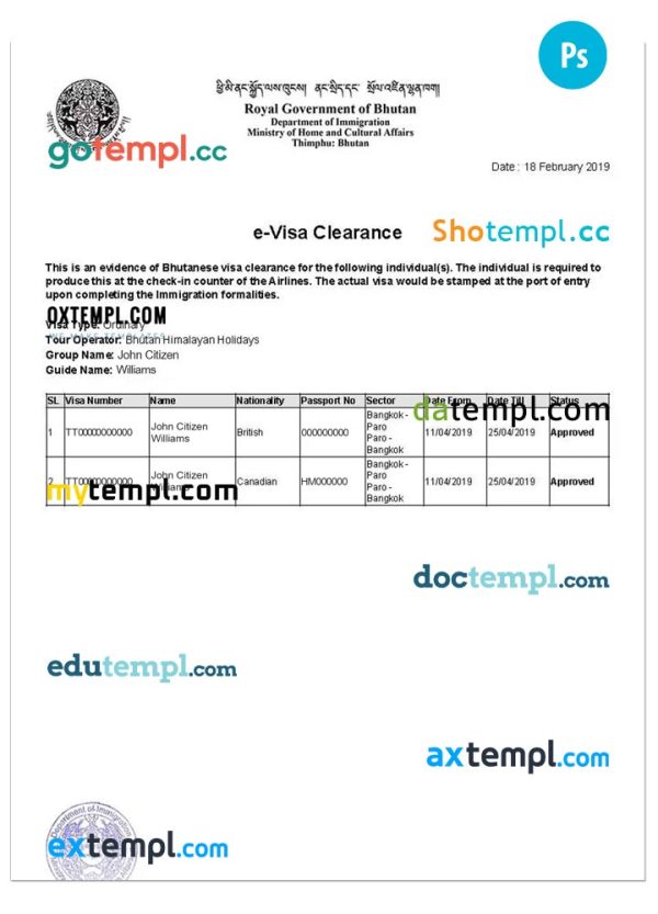 editable template, BHUTAN e-Visa PSD template, with fonts