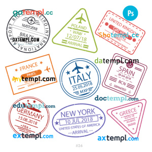 Brazil Poland Germany travel stamp collection template of 9 PSD designs, with fonts