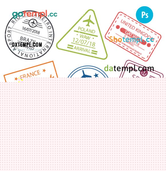 FREE editable template, Brazil Poland Germany travel stamp collection template of 9 PSD designs, with fonts