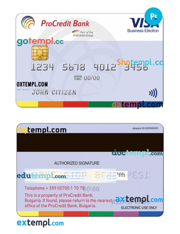 editable template, Bulgaria ProCredit bank visa credit card PSD template, completely editable