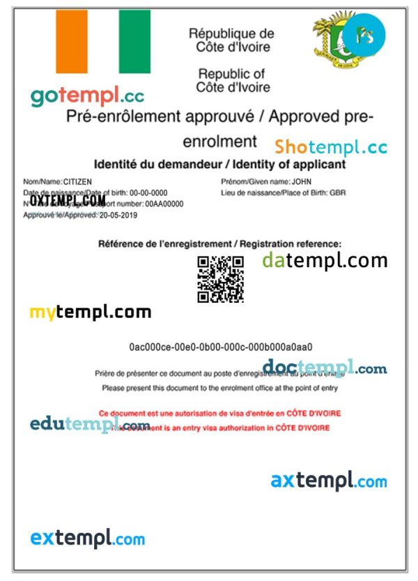 editable template, COTE D’IVOIRE e-visa PSD template, with fonts