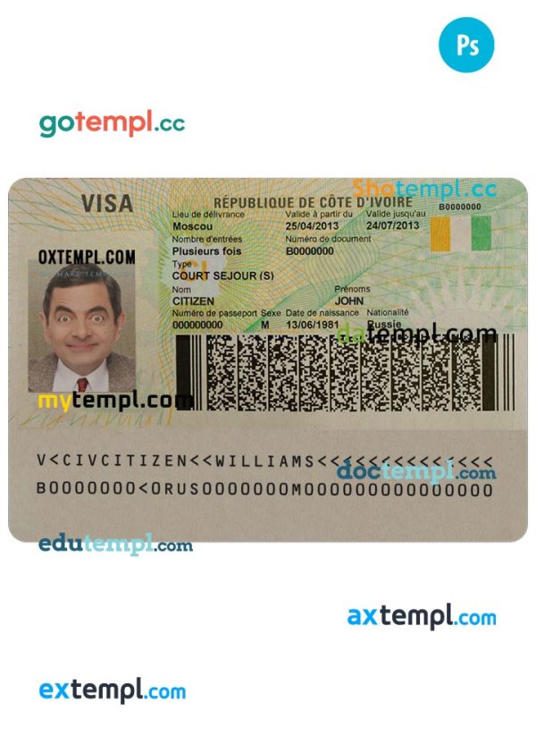 editable template, COTE D’IVOIRE visa PSD template, fully editable