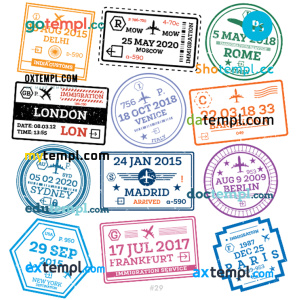 Delhi Moscow Berlin travel stamp collection template of 12 PSD designs, with fonts