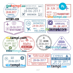 Edinburgh Bremen Frankfurt travel stamp collection template of 13 PSD designs, with fonts