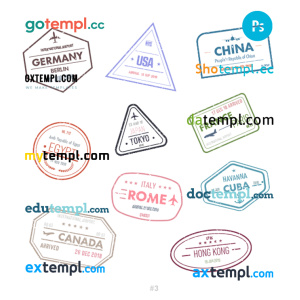 Germany USA China travel stamp collection template of 10 PSD designs, with fonts