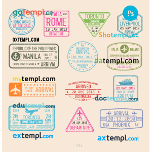 Hong-Kong Rome Toronto travel stamp collection template of 13 PSD designs, with fonts