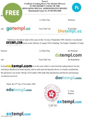FREE editable template, Hong Kong divorce certificate template in Word and PDF format