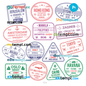 Israel Australia Cuba travel stamp collection template of 14 PSD designs, with fonts