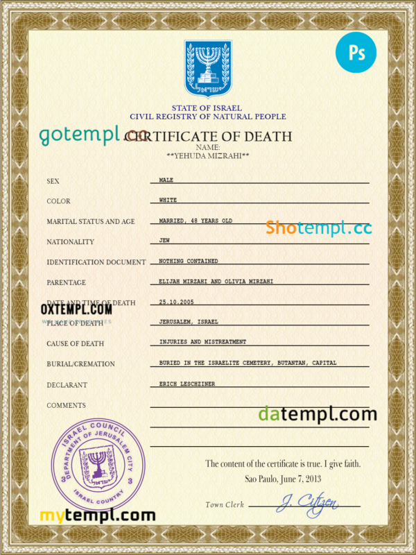editable template, Israel death certificate PSD template, completely editable