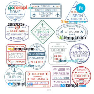 Italy Greece Sri Lanka travel stamp collection template of 14 PSD designs, with fonts