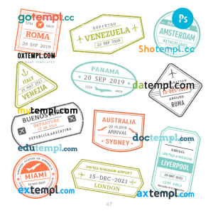 Italy Venezuela Netherlands travel stamp collection template of 11 PSD designs, with fonts