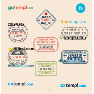 Japan Hong-Kong UK travel stamp collection template of 7 PSD designs, with fonts