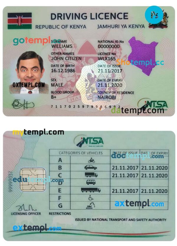 editable template, KENYA driving license PSD template, fully editable