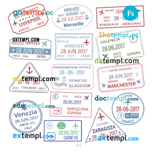 Liverpool Marseille Zaragoza travel stamp collection template of 14 PSD designs, with fonts