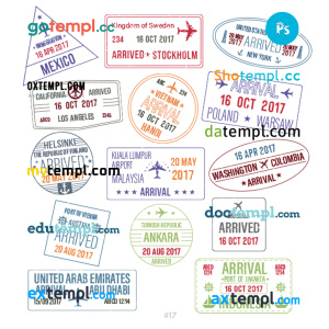 Mexico Sweden Indonesia travel stamp collection template of 14 PSD designs, with fonts