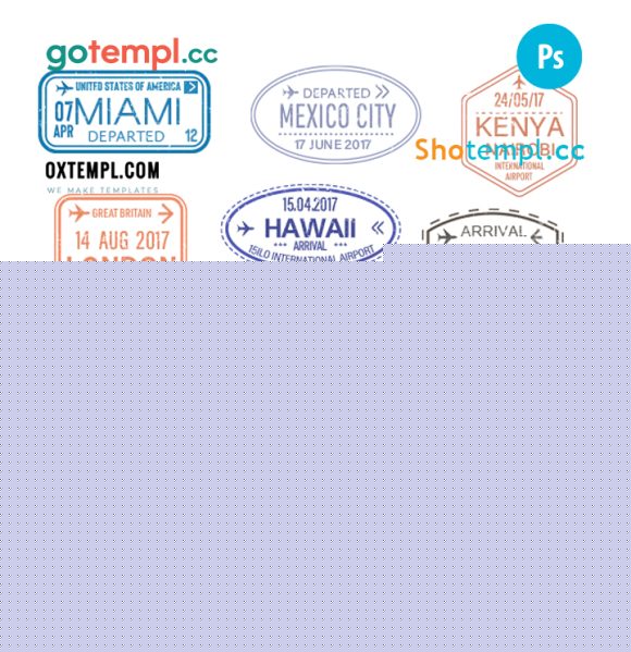 FREE editable template, Miami Mexico city Nairobi travel stamp collection template of 12 PSD designs, with fonts