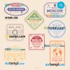 FREE editable template, Milan Madrid Berlin travel stamp collection template of 8 PSD designs, with fonts