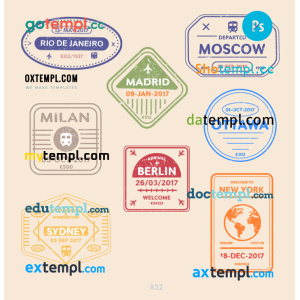 Milan Madrid Berlin travel stamp collection template of 8 PSD designs, with fonts