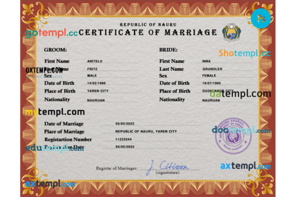 editable template, Nauru marriage certificate PSD template, fully editable