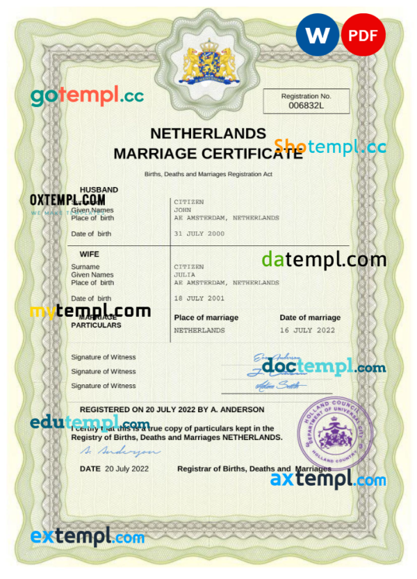 editable template, Netherlands marriage certificate Word and PDF template, fully editable
