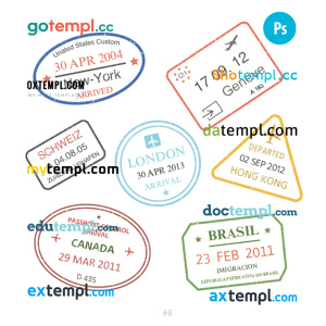 New York Geneva London travel stamp collection template of 7 PSD designs, with fonts