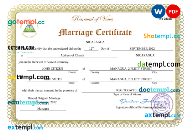 editable template, Nicaragua marriage certificate Word and PDF template, fully editable