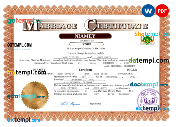 editable template, Niger marriage certificate Word and PDF template, completely editable
