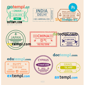 Oman India Israel travel stamp collection template of 9 PSD designs, with fonts