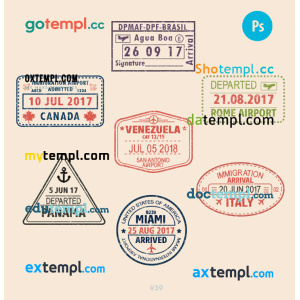 Panama Venezuela Italy travel stamp collection template of 7 PSD designs, with fonts