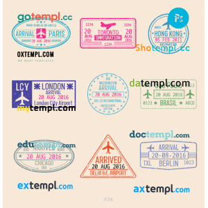 Paris London Toronto travel stamp collection template of 9 PSD designs, with fonts