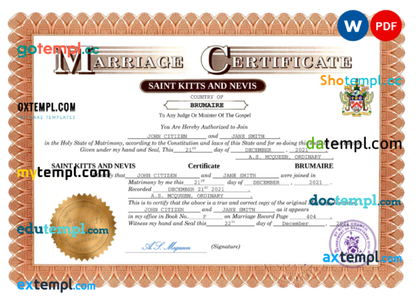 editable template, Saint Kitts and Nevis marriage certificate Word and PDF template, fully editable