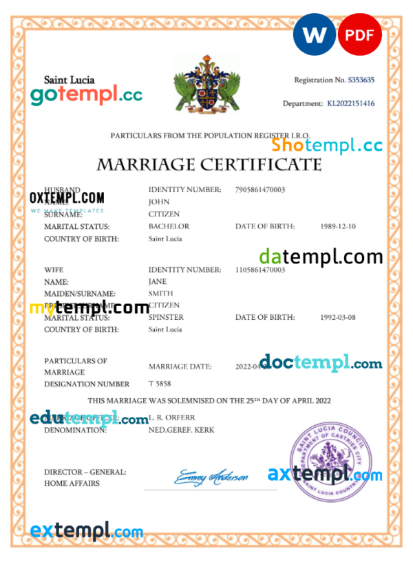 editable template, Saint Lucia marriage certificate Word and PDF template, completely editable