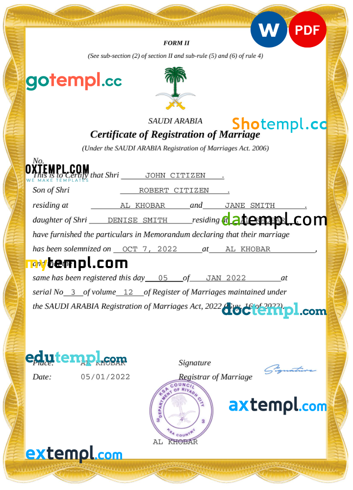 Saudi Arabia marriage certificate Word and PDF template, completely