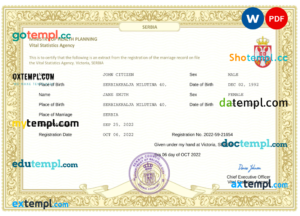 Serbia marriage certificate Word and PDF template, completely editable