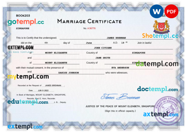 editable template, Singapore marriage certificate Word and PDF template, fully editable