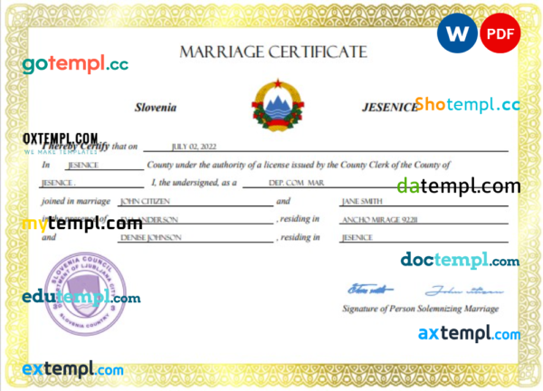 editable template, Slovenia marriage certificate Word and PDF template, fully editable