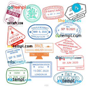 Spain Pakistan Korea travel stamp collection template of 14 PSD designs, with fonts