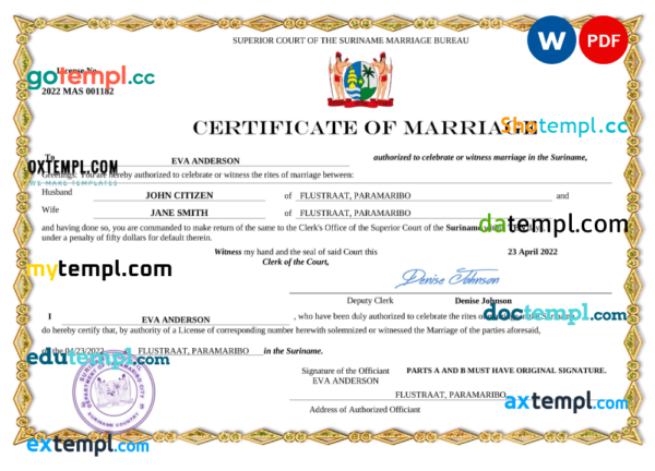 editable template, Suriname marriage certificate Word and PDF template, completely editable