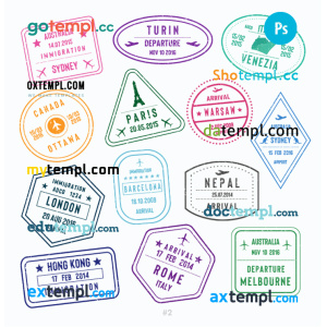 Sydney Turin Venezia travel stamp collection template of 13 PSD designs, with fonts