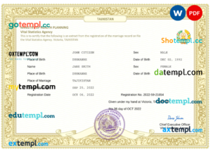 Tajikistan marriage certificate Word and PDF template, fully editable