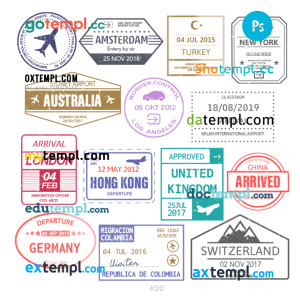 Thailand Colombia Switzerland travel stamp collection template of 14 PSD designs, with fonts