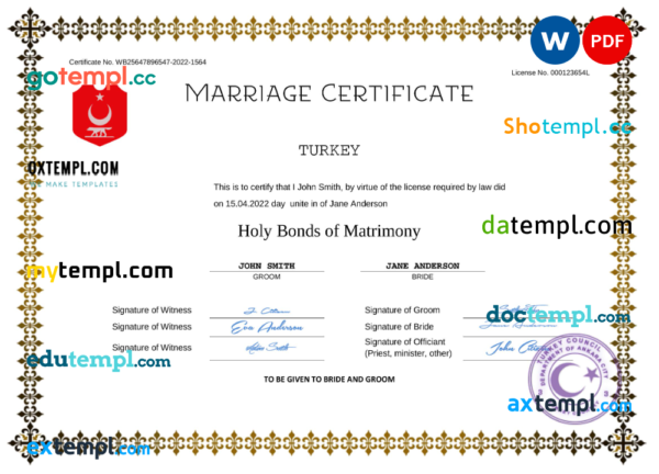 editable template, Turkey marriage certificate Word and PDF template, completely editable