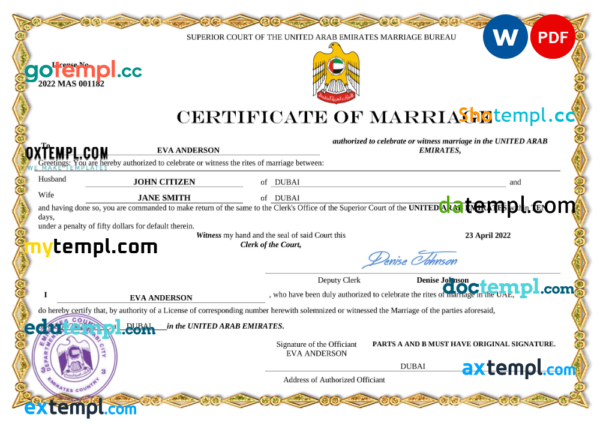 editable template, UAE marriage certificate Word and PDF template, fully editable