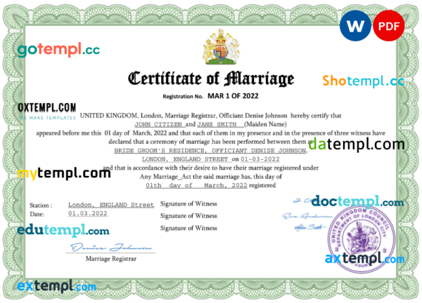 editable template, United Kingdom marriage certificate Word and PDF template, fully editable