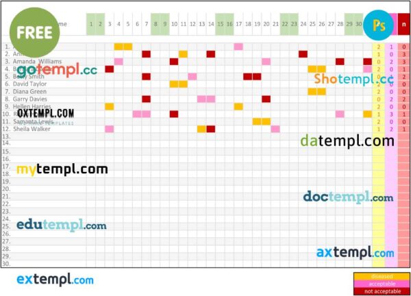FREE editable template, employee attendance sheet template in Excel and PDF format, fully editable