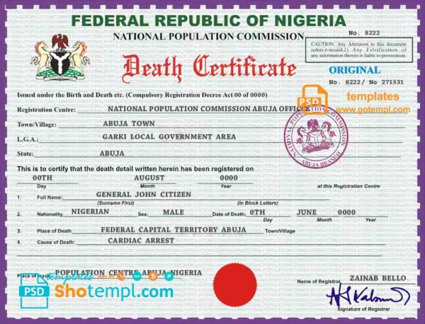 editable template, Nigeria vital record death certificate PSD template, version 2