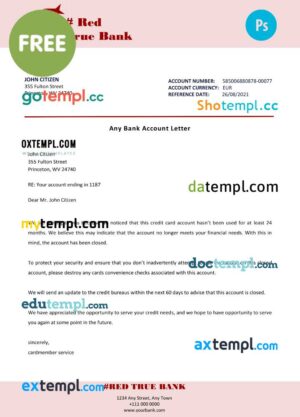 FREE editable template, # red true bank universal multipurpose bank account reference letter template in Word and PDF format