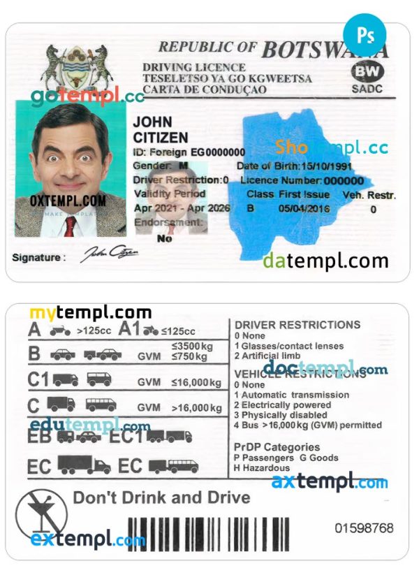 editable template, BOTSWANA driving license template in PSD format, with all fonts